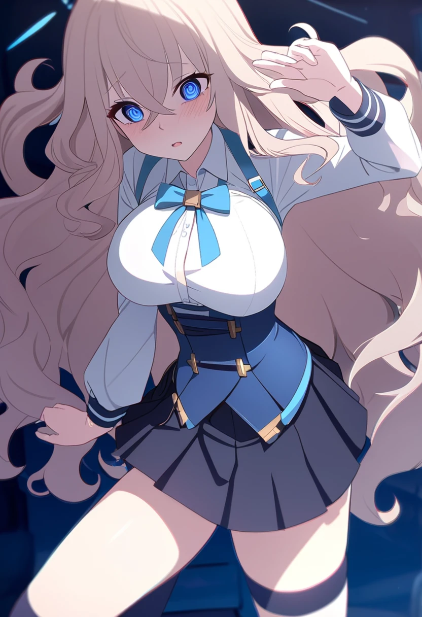 {One 18 year old female} {bionde, long, wavy hair} {crossed bangs} {big breasts} {Blue eyes, pinched eyes} {white shirt} {blue corset miniskirt} {black knee high socks} {standing} {school uniform}High resolution, Bangs between the eyes, 8k octane,