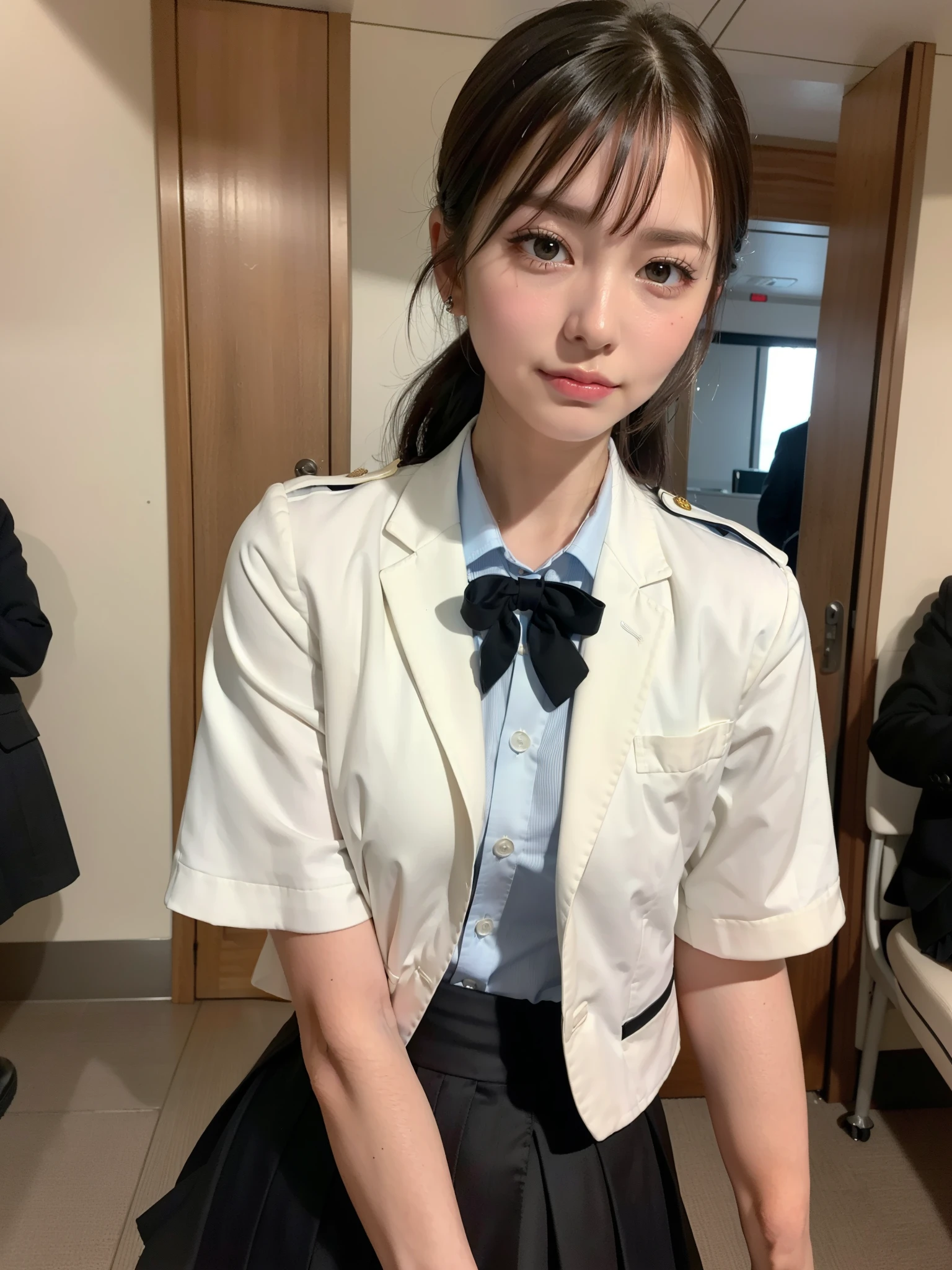 ((Best of the highest quality, 8k, Masterpiece, raw photo: 1.2)), (Sharp focus: 1.2), (1 AESPA, slim body type female, 21 y/o: 1.1), (solo: 1.28), (realistic, photo-realistic:1.37), cute face, finely eyes, (droopy eyes: 1.32), (Emphasize prominent aegyo-sal with bright: 1.2), shimmering eyeshadow applied under the lower lash line, paired with thick, (small breasts, flat chest, Thigh: 1.3), (short messy hair, bangs, updo: 1.2), (cabin attendant uniform, blazer, skirt: 1.32), walking airport terminal,
