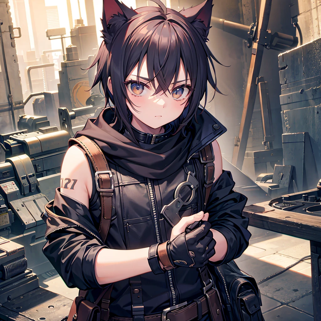 a cute male with slightly spiked hair, wearing apocalyptic bandit gear, in broken down mechanic, wearing goggles, teenager, has cat ears, has cat tail, solo, alone, (SOLO)(ALONE)