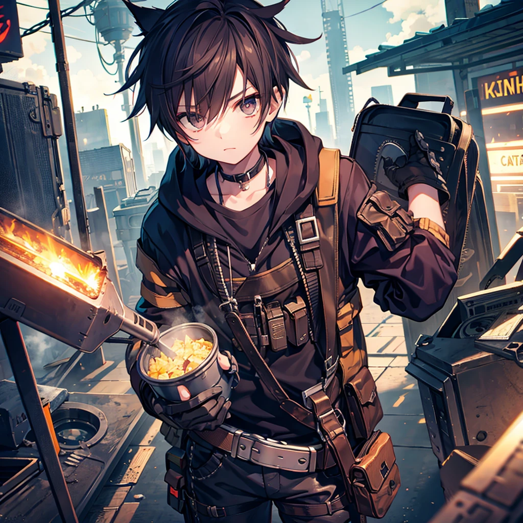 a cute male with slightly spiked hair, wearing apocalyptic bandit gear, in broken down mechanic, wearing goggles, teenager, has cat ears, has cat tail, solo, alone, (SOLO)(ALONE)