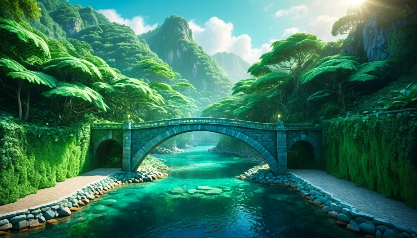 An open ocean shore, majestic mountains on the sides, a symmetrical beautiful stone bridge over the ocean, a stone bridge created by nature itself, a stone bridge in the shape of a human hand, a stone bridge overgrown with greenery and bushes, very beautiful illustration, Rich in Detail and Color, (Iridescent: 1.2), (Glow, Atmospheric Lighting), Dreamy, Magical, (Solo: 1.2) dreamy, ethereal, ultra-detailed, Strong contrast, Good depth of field, 8K wallpaper, Masterpiece, Aesthetic illustration in realistic style, best quality, natural light, high res, highly detailed. At its base is a house, its lights glowing in the dimness of the tropical forest gloom, lights hang in the air, ethereal and mystical, magical atmosphere, beautiful and dreamy, fantasy style, dreamlike fantasy art, Photorealistic drone photo of a mountain slope, All the colors and materials in this work are very harmoniously combined