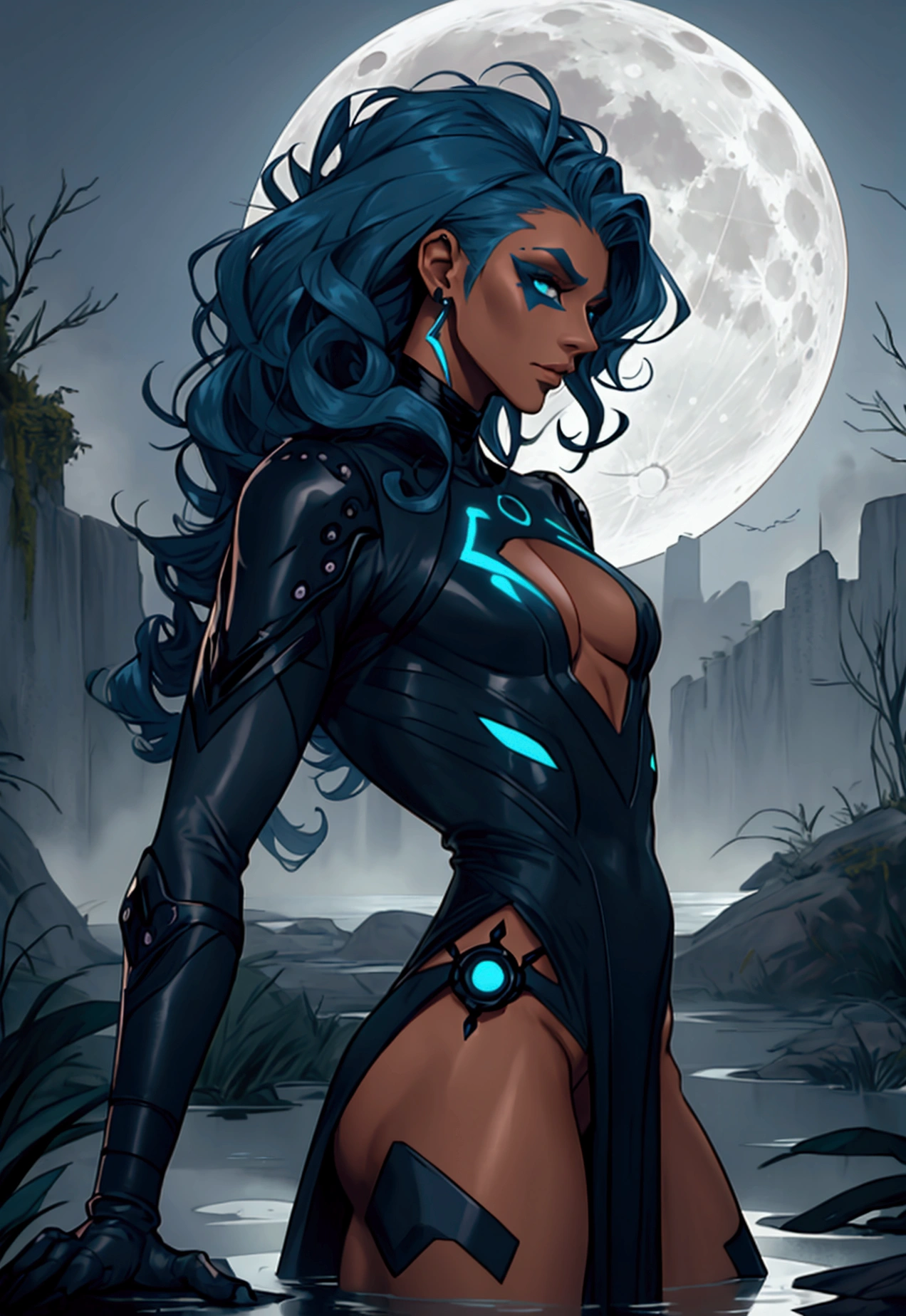 Hole body, skinny male body, clothing, Futuristic drag queen clothing ideas, futuristic goth, lattin drag, tan skin, ultra detailed, swamp, fog, long curly dark blue hair, hole body, sexy, night, full moon