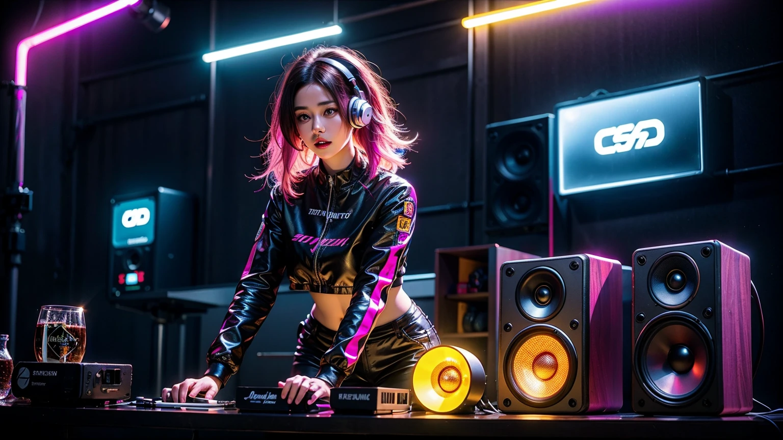 masseter muscle fragment、superfine、surrealism、Beautiful female artist in DJ suit with black top and headphone、DJ Set、sporty、headphone dj rave, sporty, headphone、DJ at a party、dj rave 、CG station、(((Huge speakers in the background)))、(((Every wall is a speaker.)))、(colorful hair)、shiny hair、interior color、Smokey
