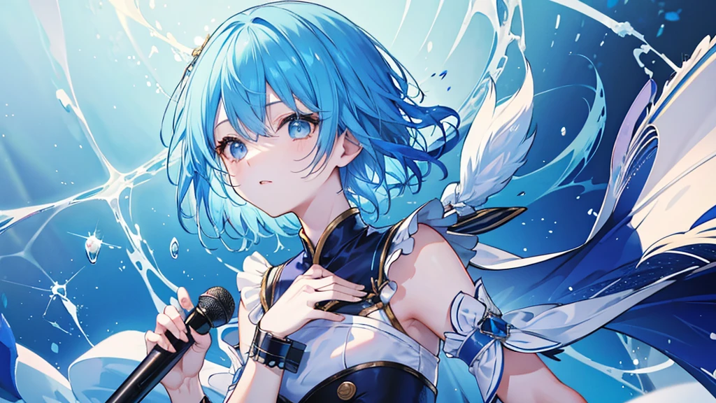 Idol with short blue hair。His face is shining。