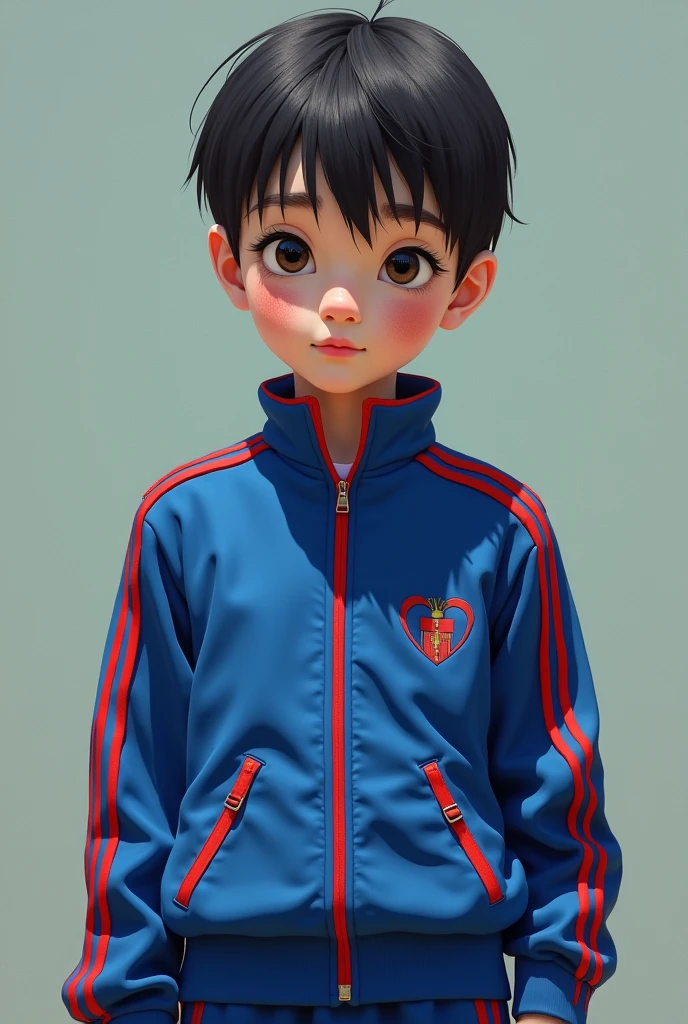 a small teenager 140 centimeters tall wearing a blue uniform with red and white stripes, with ugly face