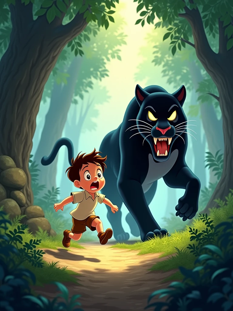 cry a boy disney style This boy is in the forest and running away from a black panther The boy is scared