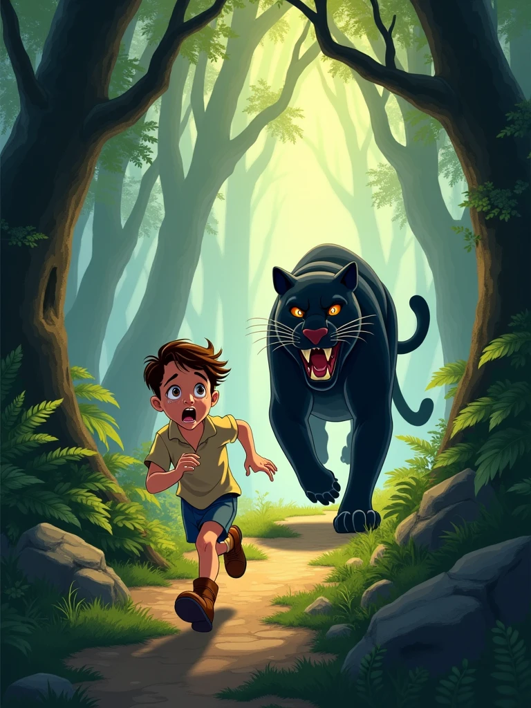 cry a boy disney style This boy is in the forest and running away from a black panther The boy is scared