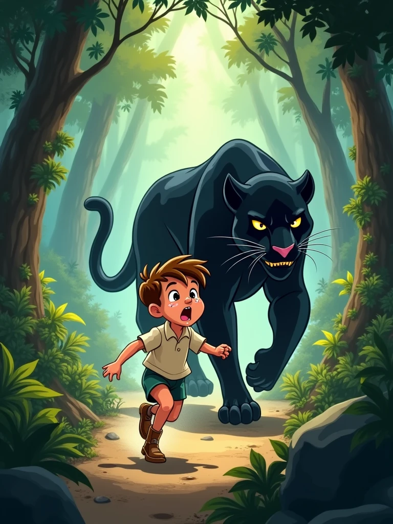 cry a boy disney style This boy is in the forest and running away from a black panther The boy is scared