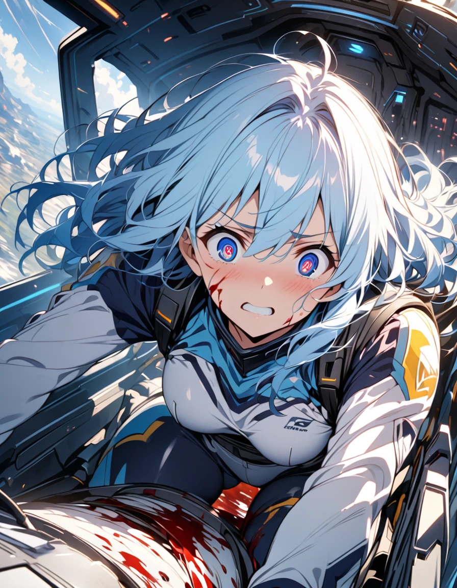 anime、Light blue hair、Near future、In the cockpit、In combat、Covered in blood、dying、Tattered、Glassy Eyes、beautiful girl