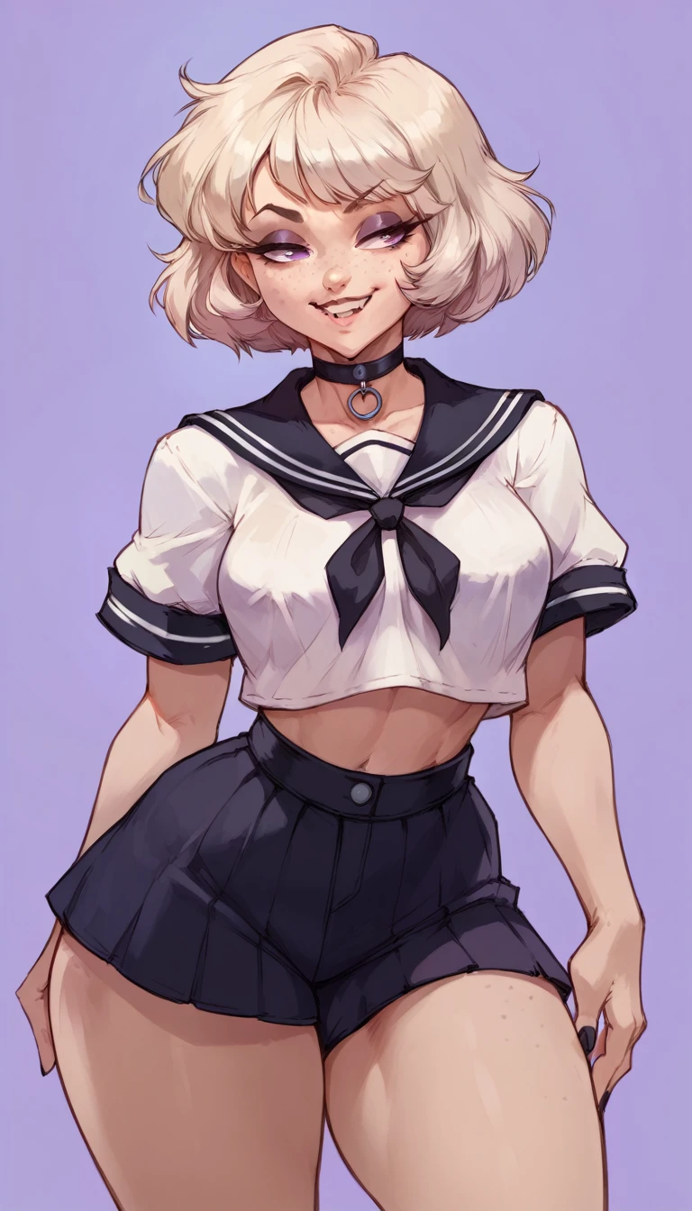 (solo) female , black short hair, woman, attractive, goth, wearing sailor pants, white blouse with puff strap , thicc, freckles, freckles on face, smug eyes, (happy expression), she is standing look to the viewer , violet background, simple background, thick thighs (front view)