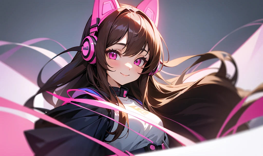 Anime girl, with pink eyes, brunette, long hair, wearing cat ear headphones, smiling