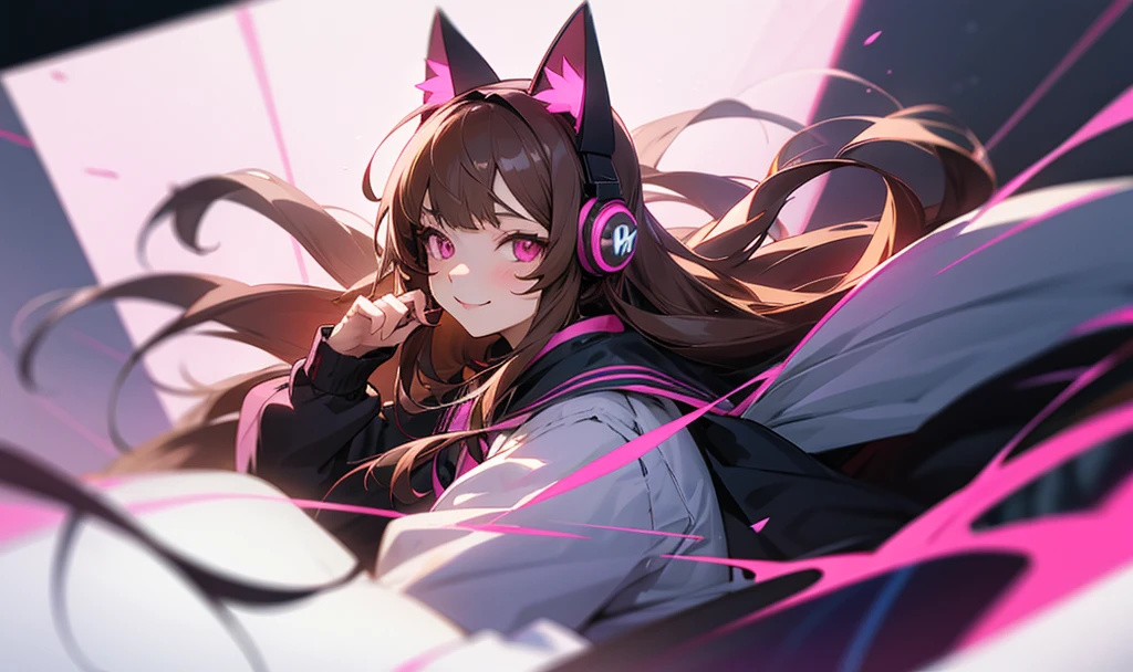 Anime girl, with pink eyes, brunette, long hair, wearing cat ear headphones, smiling