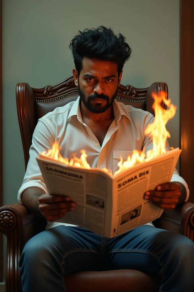 sourh actor Thalapathy Vijay is sitting on a chair. He has a newspaper in his hand and is reading it. His eyes are on the newspaper. And that newspaper is burning from the side. there is a wall behind them
