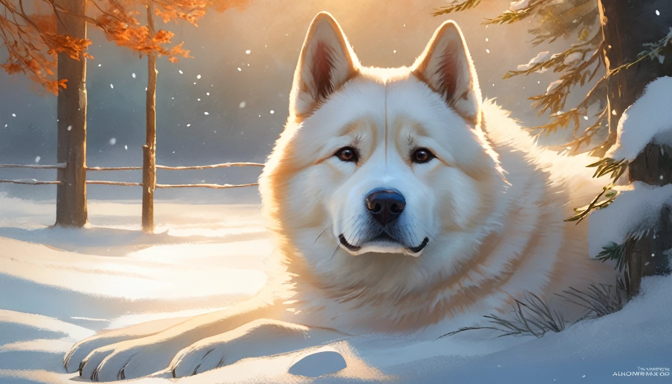 breathtaking Hachiko the Akita-inu in a poignant watercolor, Waiting under the softly lit lantern, Silent snow, (and. H. Shepard illustration style:1.3), (Pastel Palette:1.1), (Emotional brushstrokes:1.2), (Quiet atmosphere:1.2), (Textured Paper Effect:1.2) . Award-winning, Professional, Very detailed, 8k resolution concept art by Greg Rutkowski dynamic lighting hyperdetailed intricately detailed Splash art trending on Artstation triadic colors Unreal andngine 5 volumetric lighting Alphonse Mucha WLOP Jordan Grimmer orange and teal