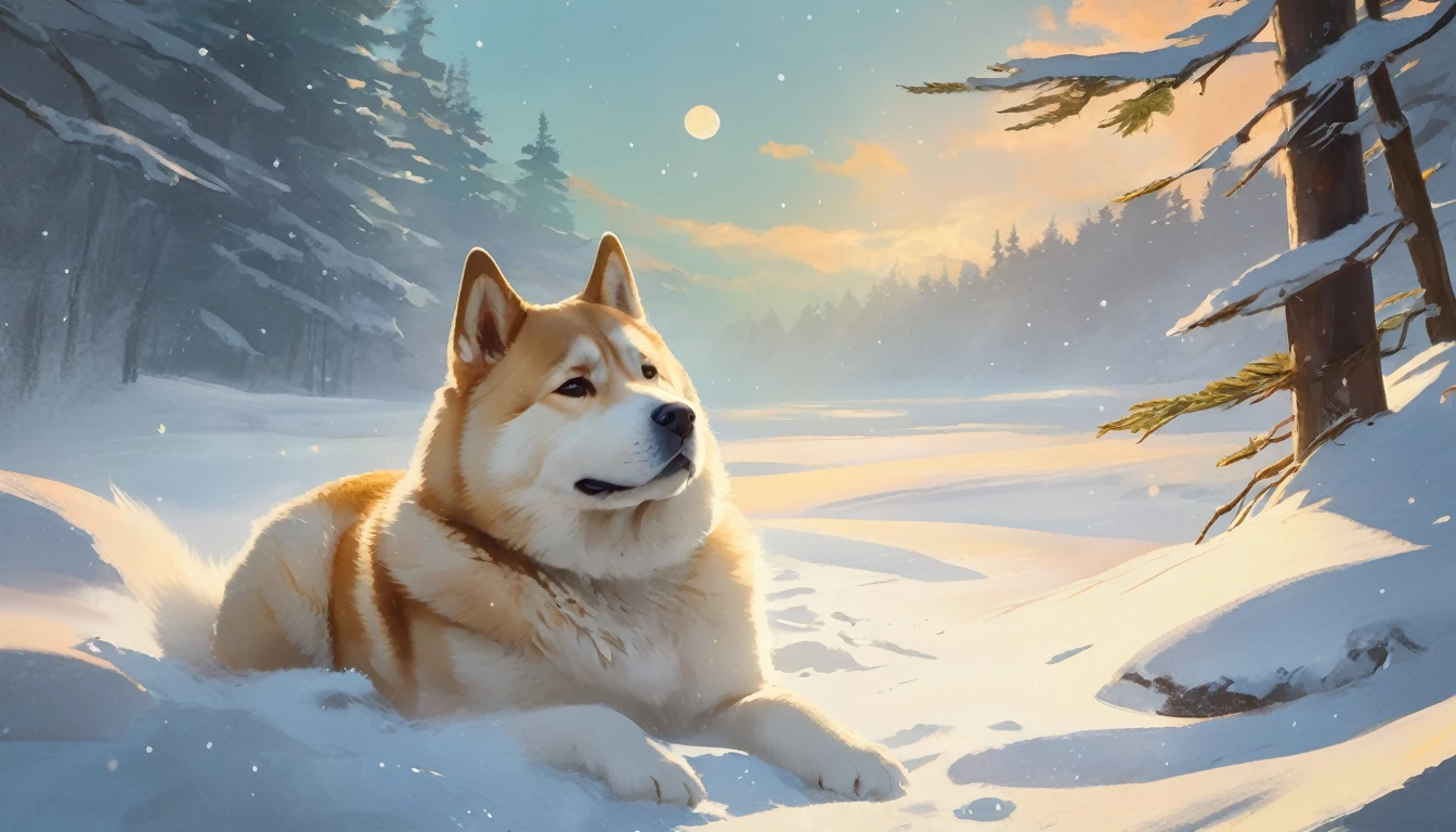 breathtaking Hachiko the Akita-inu in a poignant watercolor, Waiting under the softly lit lantern, Silent snow, (and. H. Shepard illustration style:1.3), (Pastel Palette:1.1), (Emotional brushstrokes:1.2), (Quiet atmosphere:1.2), (Textured Paper Effect:1.2) . Award-winning, Professional, Very detailed, 8k resolution concept art by Greg Rutkowski dynamic lighting hyperdetailed intricately detailed Splash art trending on Artstation triadic colors Unreal andngine 5 volumetric lighting Alphonse Mucha WLOP Jordan Grimmer orange and teal
