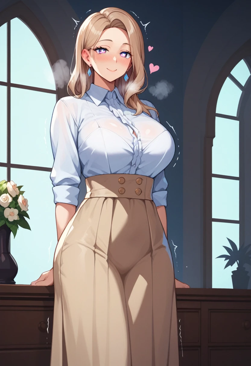 1girl, looking at viewer, standing elegantly, white bluse, dark blue long skirt, light smile, mature female, big breasts, light brown hair, partly exposed forehead, long hair, bangs, (masterpiece best quality:1.2) delicate illustration ultra-detailed, BREAK (luxurious venue) indoor, at room, detailed background, cowboy shot, blushed face, ear blush, loose eyes, ecstatic eyes, half open eyes, steam, deep breath, silhouette of erected penis, sexual stimulation, silhouette of big penis, Bottoms that look like going to tear, heart shaped pupil, penis twitch, trembling body