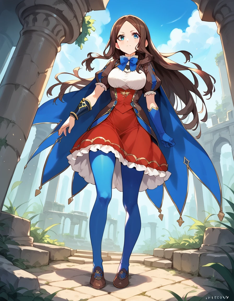 (((masterpiece, ultra-detailed))), nsfw,  dress, white shirt, puffy sleeves, short sleeves, red skirt, cape, blue pantyhose, elbow gloves, single gauntlet, shoes, standing,1Girl ,blue eyes, long hair, brown hair, forehead, sidelocks, Young Adult, big butt, big breasts, small waist, ruins
