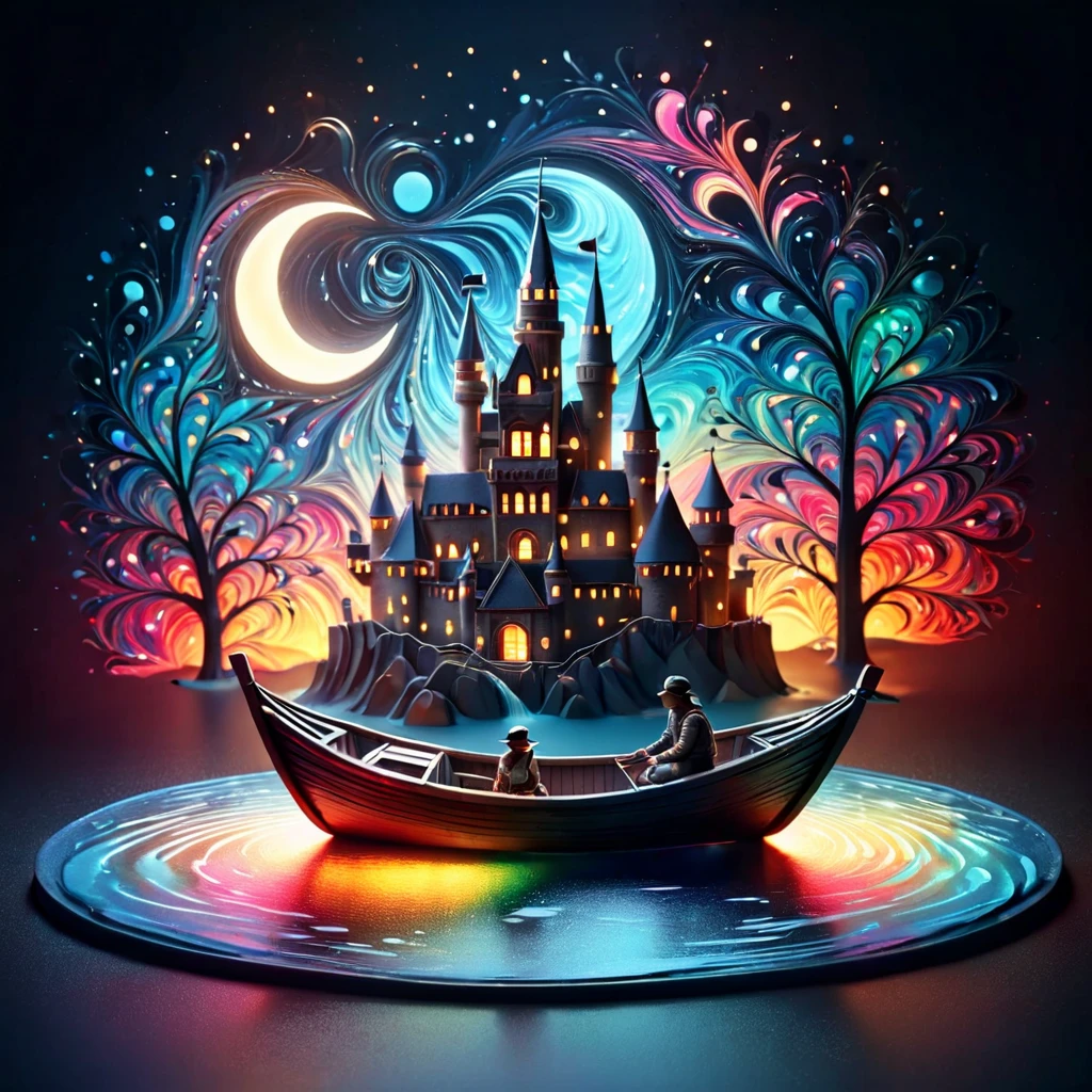 Paper cut-in art (((work of art))),best qualityer, illustration,  sky, nube, water, star \(Symbol\), tree, sin humanos, natta, bird, moonligh, building, star \(sky\), natta sky, Scenario, starry sky, watercraft, castle, To send, ripples, tower, rowboat. vibrant color scheme, smooth light,(warm color:1.2),Watercolor painting, light background, best qualityer exquisite details,3D rendering,octane rendering, cake, paper_cut-in