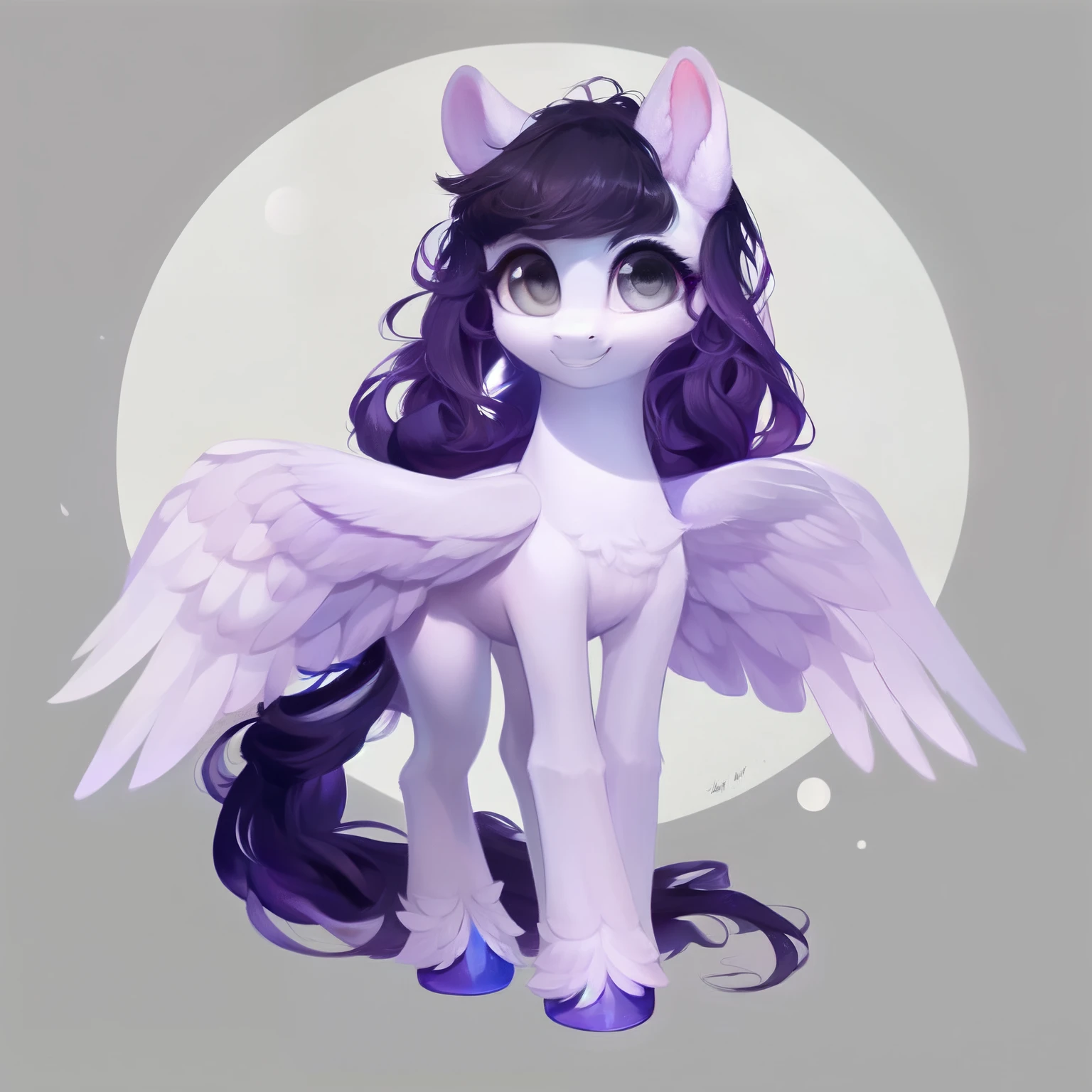 rating_safe, score_9, fluffy, feral pegasus pony, female, round cute face, Lavender purple body, black-purple mane, disheveled hair, soft and delicate long hair, clear grey eyes, grey eyes, smiling. dynamic。young and beautiful。。Standing picture, Ray Tracing。whole body。Standing。White background,Full body painting