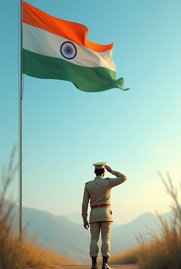 Generate a photo in which a person is present and saluting the Indian National Flag on trace