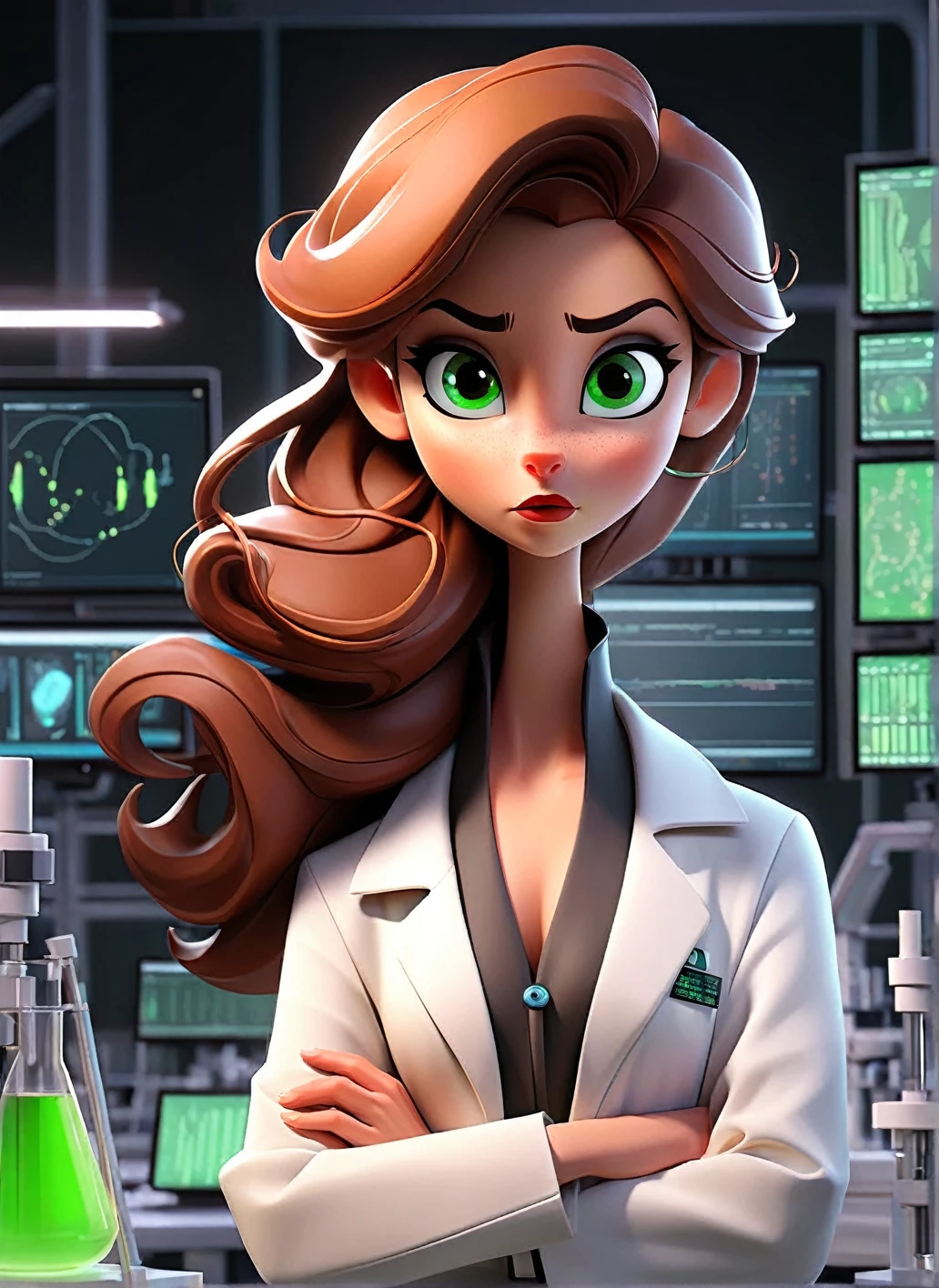 Image is a digital illustration featuring a young woman with fair skin, green eyes, and shoulder-length brown hair. She is wearing a white lab coat over a black outfit, standing in a high-tech laboratory. The lab is equipped with multiple computer screens displaying green data, and various scientific instruments. The woman holds a small device in her right hand, and her expression is focused and determined. The background includes a circular light fixture above her head, casting a bright light that highlights her features and the surrounding equipment.