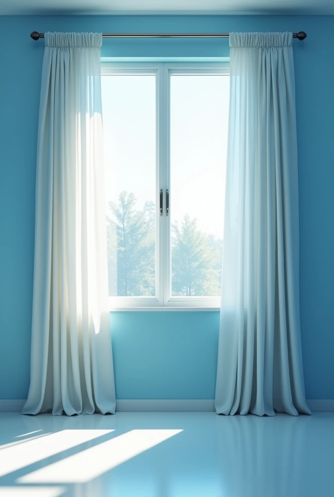 A want a wall with window and curtains which can resemble an office of school.the colour of wall should be blue and the window must be modern along with open curtain and I don't want any desk or table
