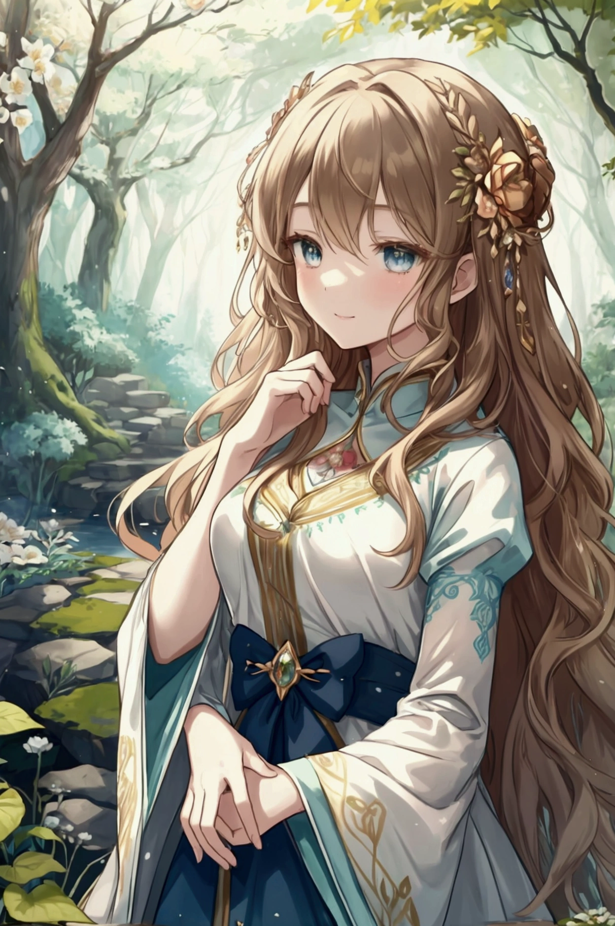 (Masterpiece), ((Highest Quality)),(Official Art),beautiful nature: 1.2),(1 solo anime character: 1.3). A regal high queen with wavy light brown hair and amber eyes, wearing flower hair ornaments under ethereal lighting. Clad in a beautiful yet modest dress made of earthy tones, rich textures, and intricate embroidery that draws inspiration from nature, she stands gracefully in a lush, enchanted forest. Subtle wisps of mist swirl around her, creating an otherworldly atmosphere. Her expression is a blend of gentle smile and wistfulness. Detailed picture. Detailed eyes. Detailed environment. Mature artstyle (no moe). Soft fairytale picture Arthur Rackham-style. Colorful, best detailed ((super detailed)), (highly detailed 2D anime illustration), ((natural and beautiful))