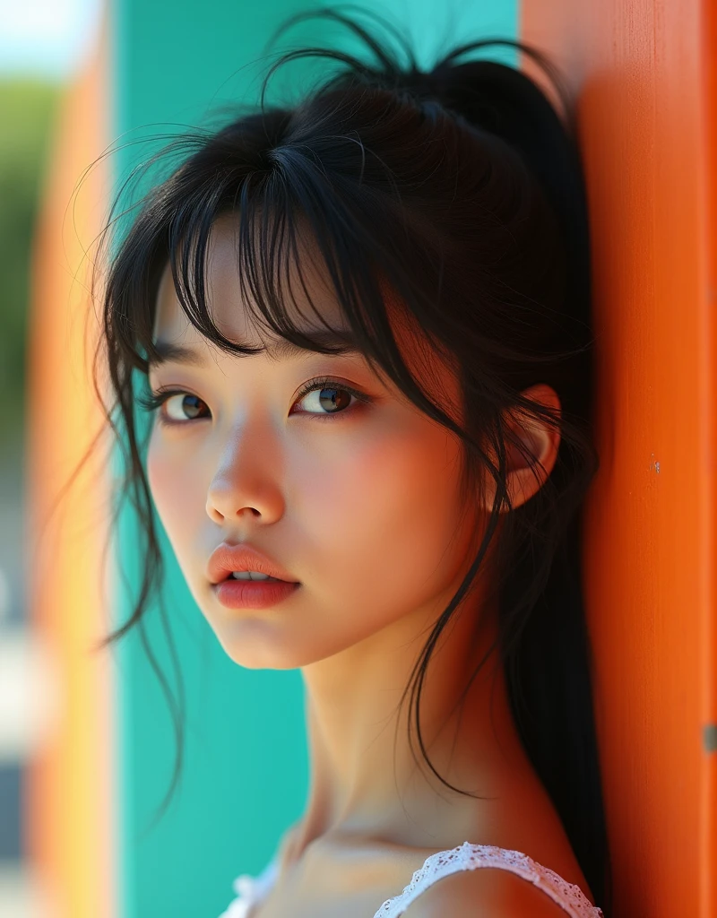 real photograph, (masterpiece), (highest quality), (Super detailed), (messy hair), (shape), (one japanese girl), (fashionable clothes), Are standing, Fashion Model, (interview), (simple turquoise orange background), fine and beautiful eyes, delicate beautiful face, floating, (high color saturation), focus on face, ponytail, black hair, bangs,floating Hairs, (shining), best writing, best shadow,stylish living room