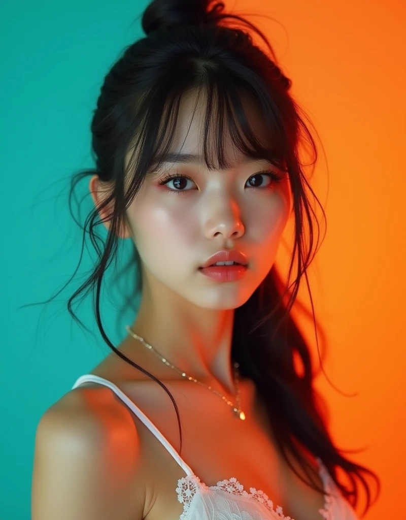 real photograph, (masterpiece), (highest quality), (Super detailed), (messy hair), (shape), (one japanese girl), (fashionable clothes), Are standing, Fashion Model, (interview), (simple turquoise orange background), fine and beautiful eyes, delicate beautiful face, floating, (high color saturation), focus on face, ponytail, black hair, bangs,floating Hairs, (shining), best writing, best shadow,stylish living room