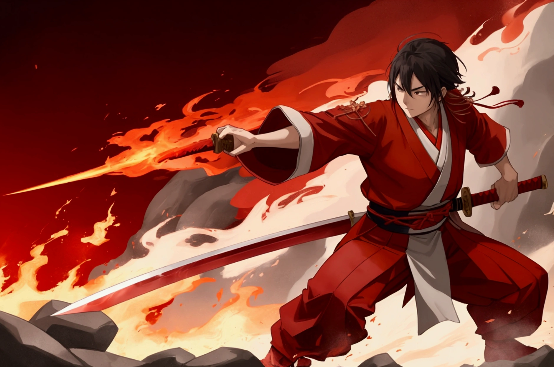 Japanese anime swordsman wearing a red outfit, a red robe, standing in front of a Japanese village, holding a red sword on fire, using the ultimate move, the Fire Dragon move.