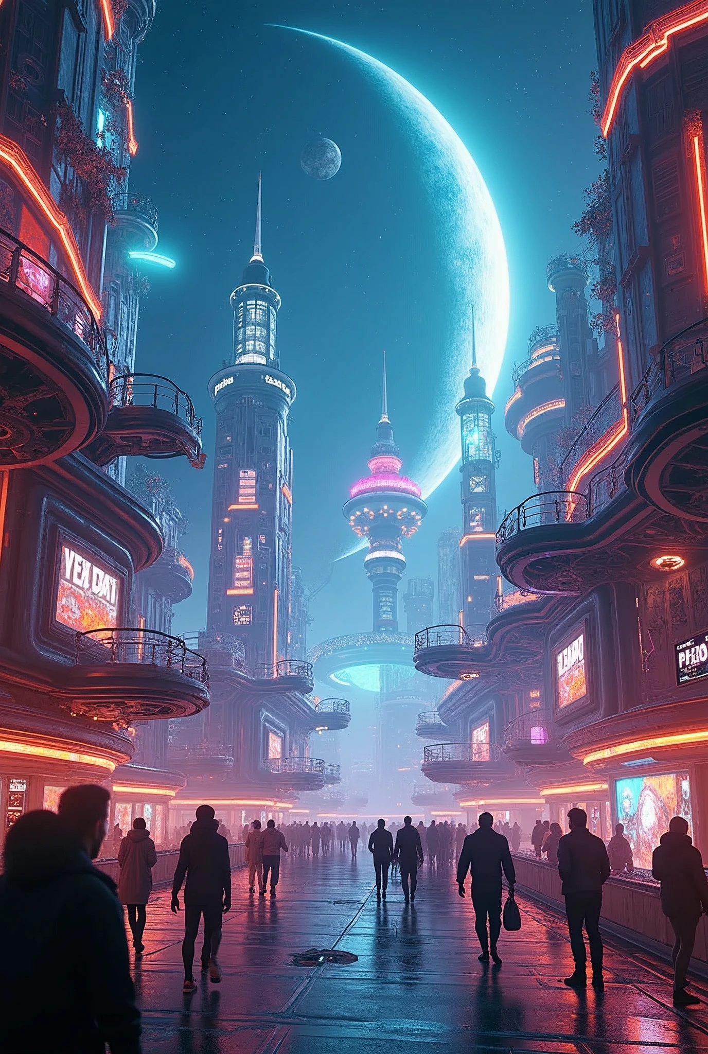 a futuristic space theme park, zero-gravity rollercoaster, floating interstellar structures, neon lights, bright vibrant colors, cinematic composition, dynamic camera angles, highly detailed, 8k, photorealistic, dramatic lighting, volumetric fog, awe-inspiring architecture, stunning planetary backdrops, advanced technology, gleaming metallic surfaces, immersive sci-fi atmosphere, seamless integration of natural and artificial elements, vibrant holograms, innovative transportation systems, dynamic crowd interactions, stunning visual effects, conceptual and imaginative design