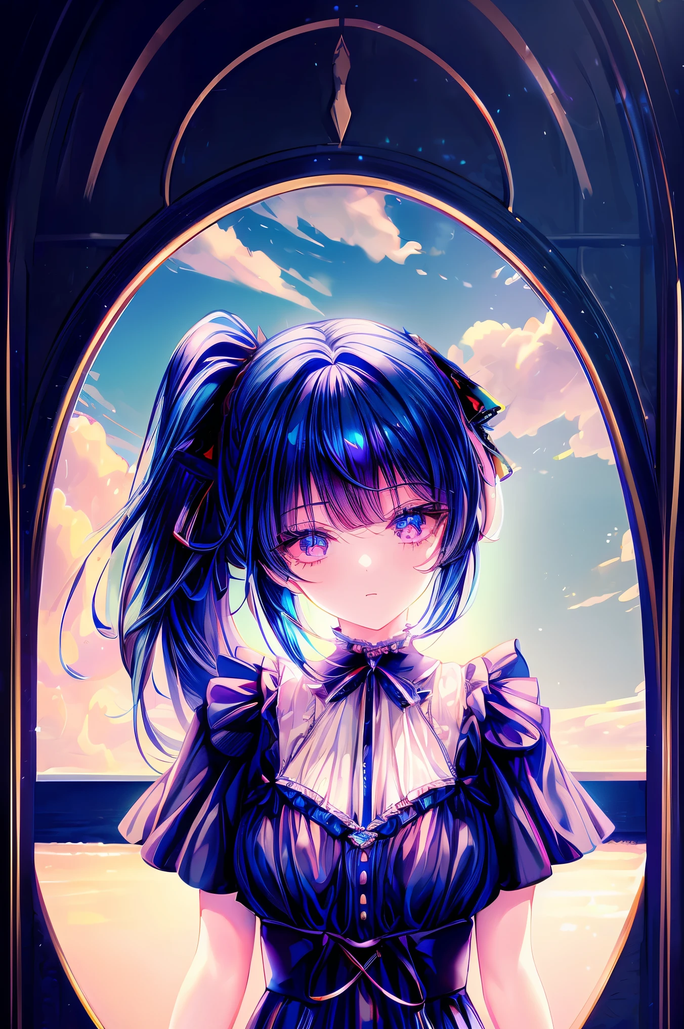 dark blue hair, short ponytail, ribbon, reflection light, Romanticism, anatomically correct, textured skin, masterpiece, accurate, high quality, highres, best quality, high details, 16k, Gothic ****ta, ****ta fashion, 16 year old girl, Sunflowers in the background, Summer vacation