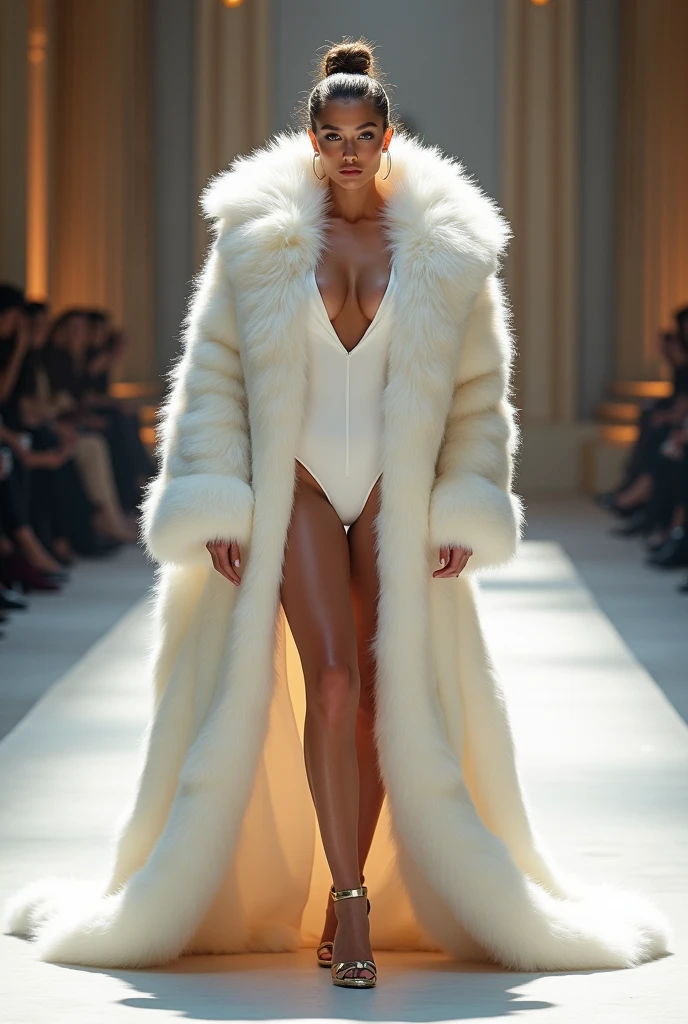 Very wide、Very thick, white mink fur coat, Thickness 100 cm, fluffy, Thick white mink fur collar, 3 floors、(Fur fashion show)、(bikini)、Nordic beauties、High ponytail、Big Breasts 2.1、naked、(Squat down and spread your legs)