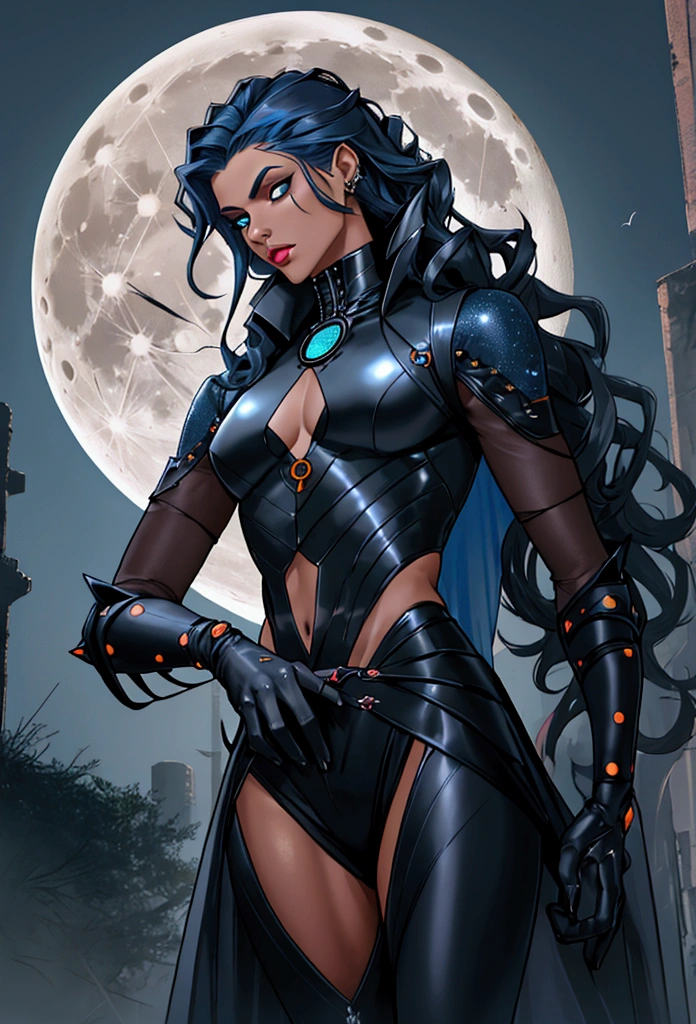 Hole body, skinny male body, clothing, Futuristic drag queen clothing ideas, futuristic goth, lattin drag, tan skin, ultra detailed, witch, fog, long curly dark blue hair, hole body, sexy, night, full moon