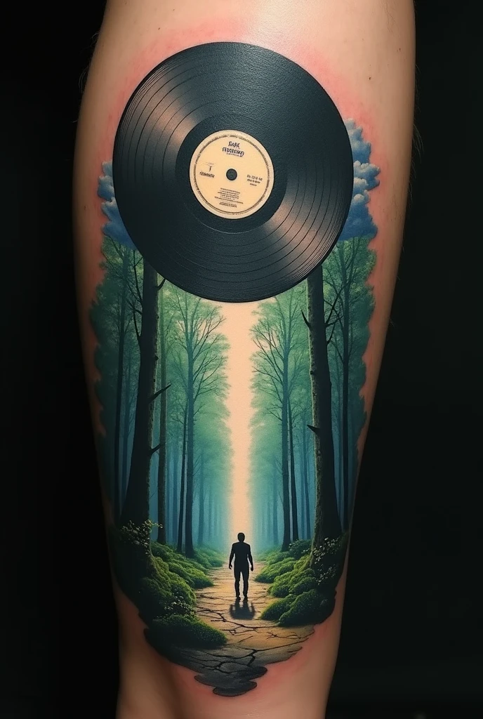 A realistic tattoo of a vinyl record flying sideways over a forest and a white light descending from the center of the record to the ground above a person
