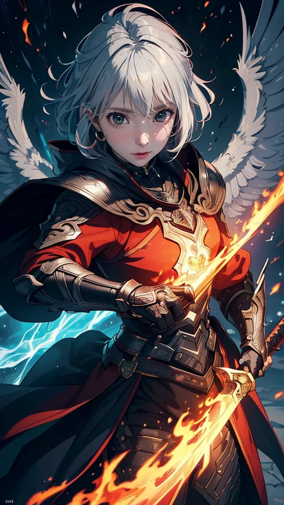 ((Ultra-fine illustrations, 8k, masterpiece :1.2, Sharp focus :1.2, Depth of written boundary:1.2)), Beautiful Swordsman, Absurd, Highly detailed face and skin texture, Silver Hair, Jet Black Armor, Flame Armor, Cloak on Fire, Flaming Sword, Wings of Fire, Determination to overcome sadness, There's a sign of determination in your gentle eyes , Strong Soul
