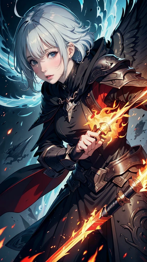 ((Ultra-fine illustrations, 8k, masterpiece :1.2, Sharp focus :1.2, Depth of written boundary:1.2)), Beautiful Swordsman, Absurd, Highly detailed face and skin texture, Silver Hair, Jet Black Armor, Flame Armor, Cloak on Fire, Flaming Sword, Wings of Fire, Determination to overcome sadness, There's a sign of determination in your gentle eyes , Strong Soul