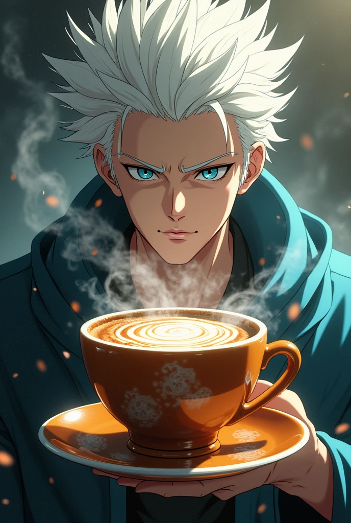 High Quality, Masterpiece, bubble tea challenge, drinking straw, crossed arms, <lora:Pos_BubbleTeaChallange:1>, <lora:dmc5_vergil:1>, dmc5vergil, black coat, fingerless gloves, pants