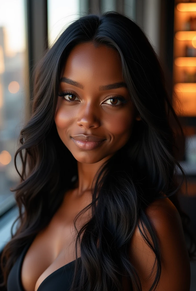 hyper realistic portrait of skai Jackson, 19 years old, with long flowing black hair and brown eyes. She should have a natural, approachable expression and be lit by soft, real light, canon eos r5, raw format, Perched high above the bustling streets of New York City, this rooftop bar offers an unparalleled panoramic view of the city's iconic skyline. The space is a symphony of modern luxury and sophisticated design, melding sleek contemporary elements with elegant touches.
The floor-to-ceiling glass walls provide unobstructed vistas of the sprawling urban landscape, stretching from the Statue of Liberty to the Empire State Building. At night, the city lights sparkle like a constellation, casting a mesmerizing glow over the bar's opulent interior.
The bar itself is a statement of refined luxury, featuring a polished black marble countertop with subtle veining that catches the light, framed by a backlit display of premium spirits and artisanal liquors. The seating area is adorned with plush velvet armchairs and high-backed leather sofas in deep, rich hues, complemented by gold and brass accents that add a touch of glamour.
The floor is lined with dark hardwood, while the walls are adorned with textured panels in muted metallic tones. Contemporary art pieces and large, strategically placed mirrors enhance the sense of space and reflect the dazzling cityscape. Soft, ambient lighting casts a warm glow, creating an intimate atmosphere amidst the grandeur of the city below.
Outdoor terraces feature chic, minimalist furniture—white marble tables paired with sleek, weather-resistant lounge chairs. Subtle greenery, including potted palms and decorative shrubs, adds a touch of nature, while strategically placed heaters ensure comfort in cooler weather.
Music plays softly in the background, blending seamlessly with the ambient sounds of the city, completing the sensory experience of this rooftop oasis. The result is a sophisticated haven where guests , wearing acne studios