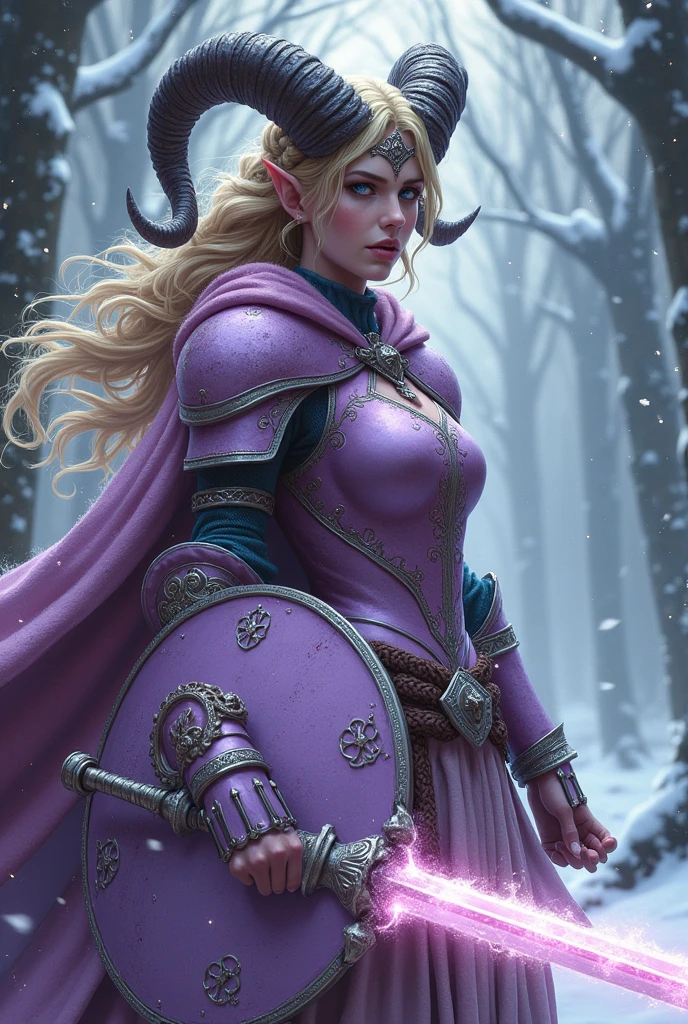 ((portrait, upper torso, armored female paladin, battle worn gloss pink lacquered perfectchainmail armor:0.4, alabaster cloak, (((((purple skin Tieflin, ram horns))), [bright blonde hair:dark hair:0.8]))), clear green eyes, blackout eyeshadow, iron circlet), braids, glowing radiant white star engraved sword, shield, sparks, windy, outdoor frozen snow snowy forest, dynamic battle pose
