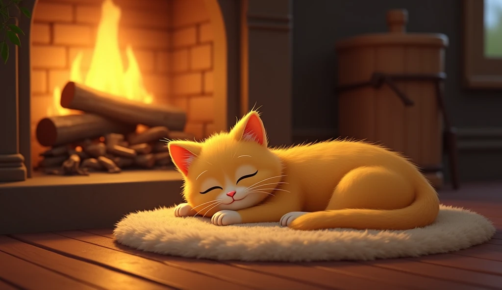 Create an image in 1792x1024 format featuring a cozy indoor scene with a yellow cat sitting near a warm, crackling fireplace. The cat is comfortably positioned on a soft rug beside the hearth, with a gentle, golden glow from the fire illuminating the room. The atmosphere should be warm and inviting, with wooden floors and a couple of logs stacked next to the fireplace.
