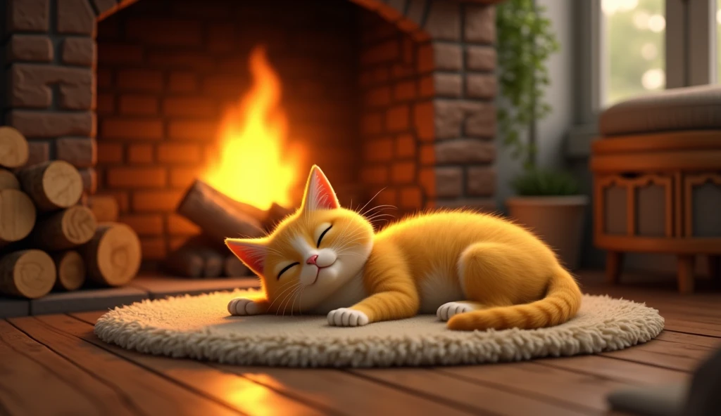 Create an image in 1792x1024 format featuring a cozy indoor scene with a yellow cat sitting near a warm, crackling fireplace. The cat is comfortably positioned on a soft rug beside the hearth, with a gentle, golden glow from the fire illuminating the room. The atmosphere should be warm and inviting, with wooden floors and a couple of logs stacked next to the fireplace.
