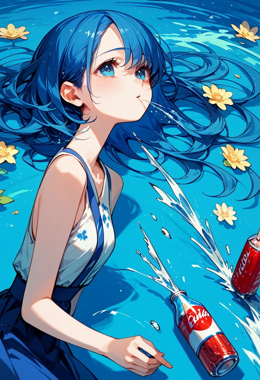 score_9, score_8_up,score_7_up,flat color,(masterpiece, best quality:1.1), girl laying on the ground with a bottle of water,blue water, drinks, cute, anime asthetic, soda themed girl, blue colour splash,simple background, beautiful anime art style, splash art,perfect anatomy,