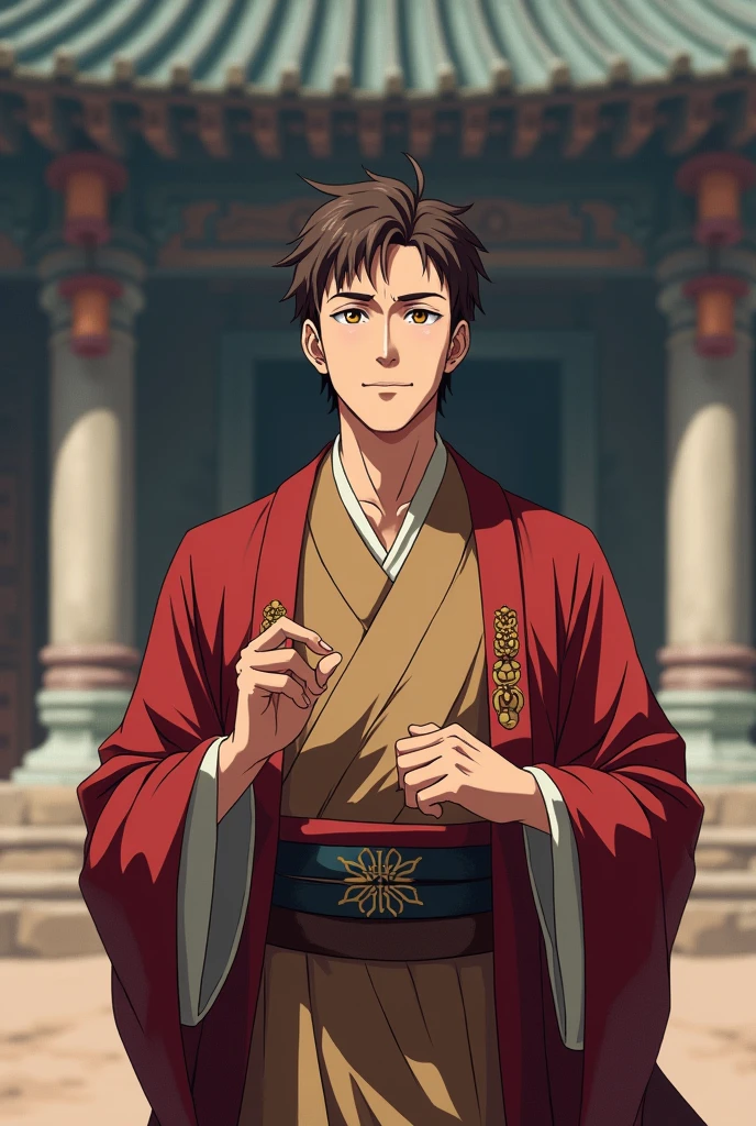 Man in priestly robes, middle-aged, priest, short brown hair, brown eyes, Ancient temple in the background, Anime Style