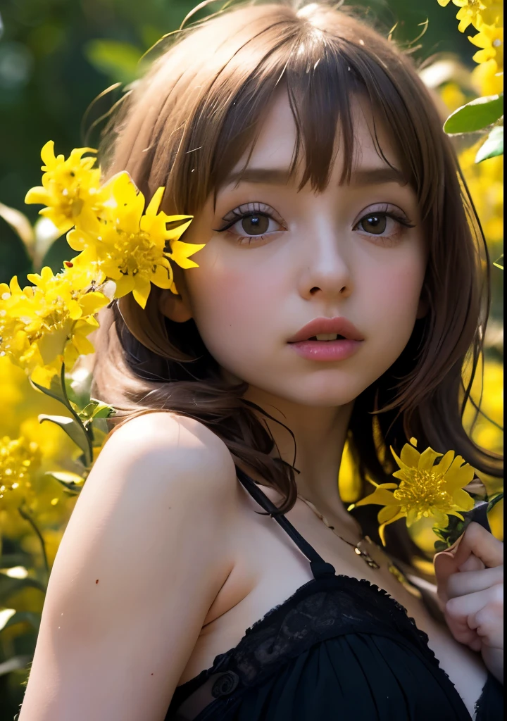 Psychedelic world、Gothicta、Cute 1、18-year-old girl、Big eyes、Small breasts、Light Goldenrod Yellowの髪、Colorful flowers background、Fractal Background、Perfect lighting、Sharp focus、High resolution、High resolution、High color reproducibility、High resolution、Advanced Processing、Ultra-realistic、Realistic 