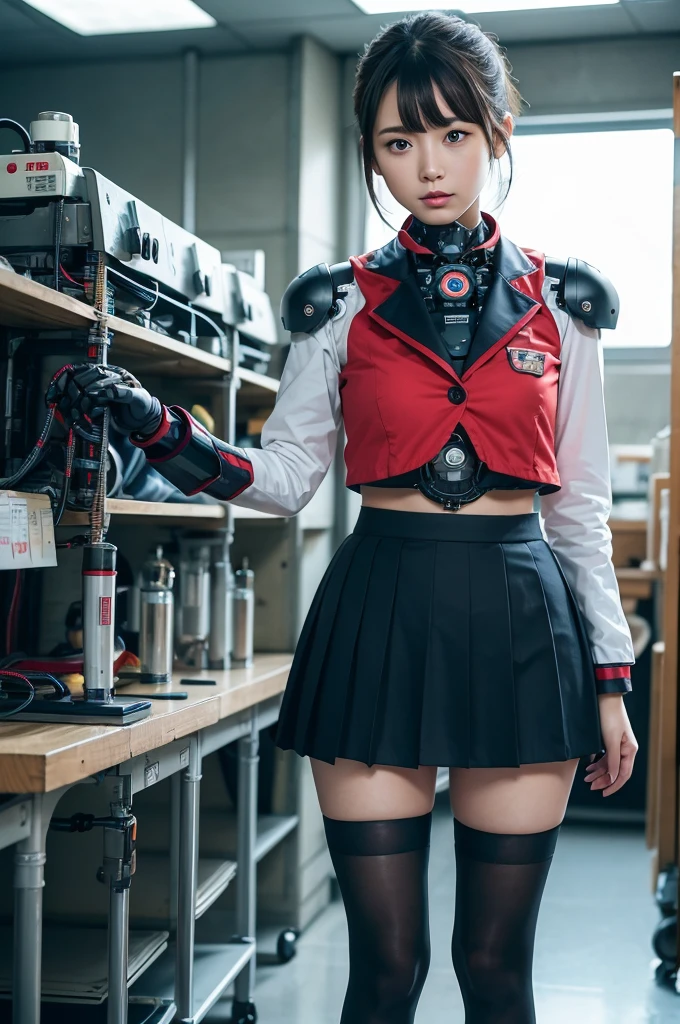 masterpiece, Best Quality, Extremely detailed, Japaese android highschool Girl,Plump ,Navy Pleated Mini Skirt,Black tights,control panels,android,Droid,Mechanical Hand, Robot arms and legs, Black Robot Parts,Black hair,Mechanical body,Blunt bangs,White abdomen,White Robotics Parts,perfect robot woman,The laboratory of the future,cyberpunked,Charging spot,android factory,Robot Factory,cyborg factory,Long Tube,A thick cable connects her neck,ceramic body,blue eyes,Mechanical body,android,robot humanoid,japanese highschool girl uniform,perfect robot girl