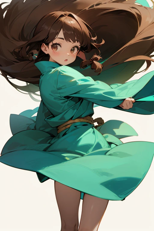 A cute Japanese girl in a turquoise dress and long loose brown hair with olive skin