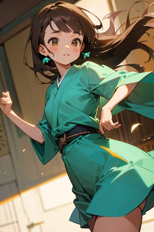 A cute Japanese girl in a turquoise dress and long loose brown hair with olive skin