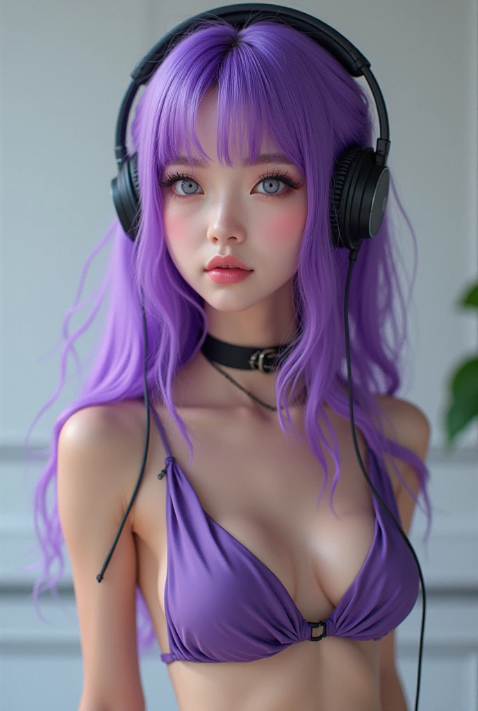 Korean purple hair butterfly woman with headphone and black transparent clothes funeral funeral background 