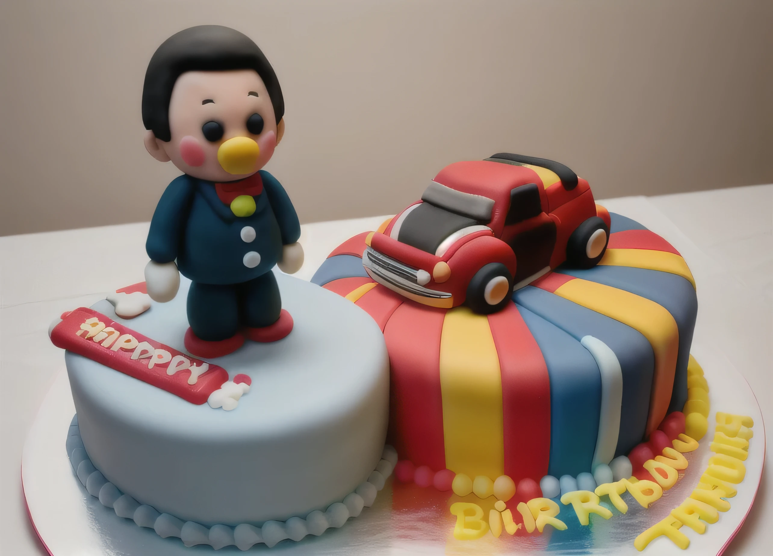 Complete birthday cake,There is an uncle toy model inserted on it